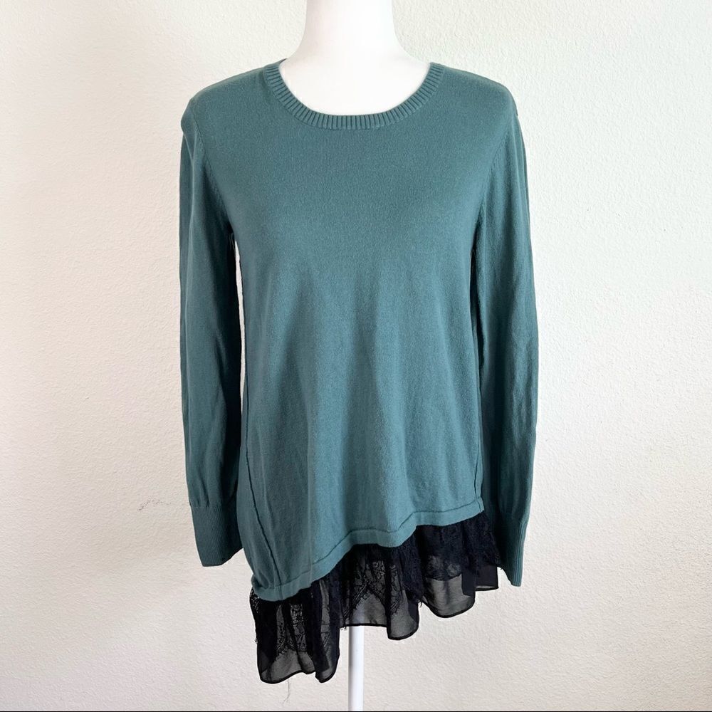 LOGO Lori Goldstein Teal Asymmetrical Hi-Lo Lace Trim Cotton Cashmere Sweater